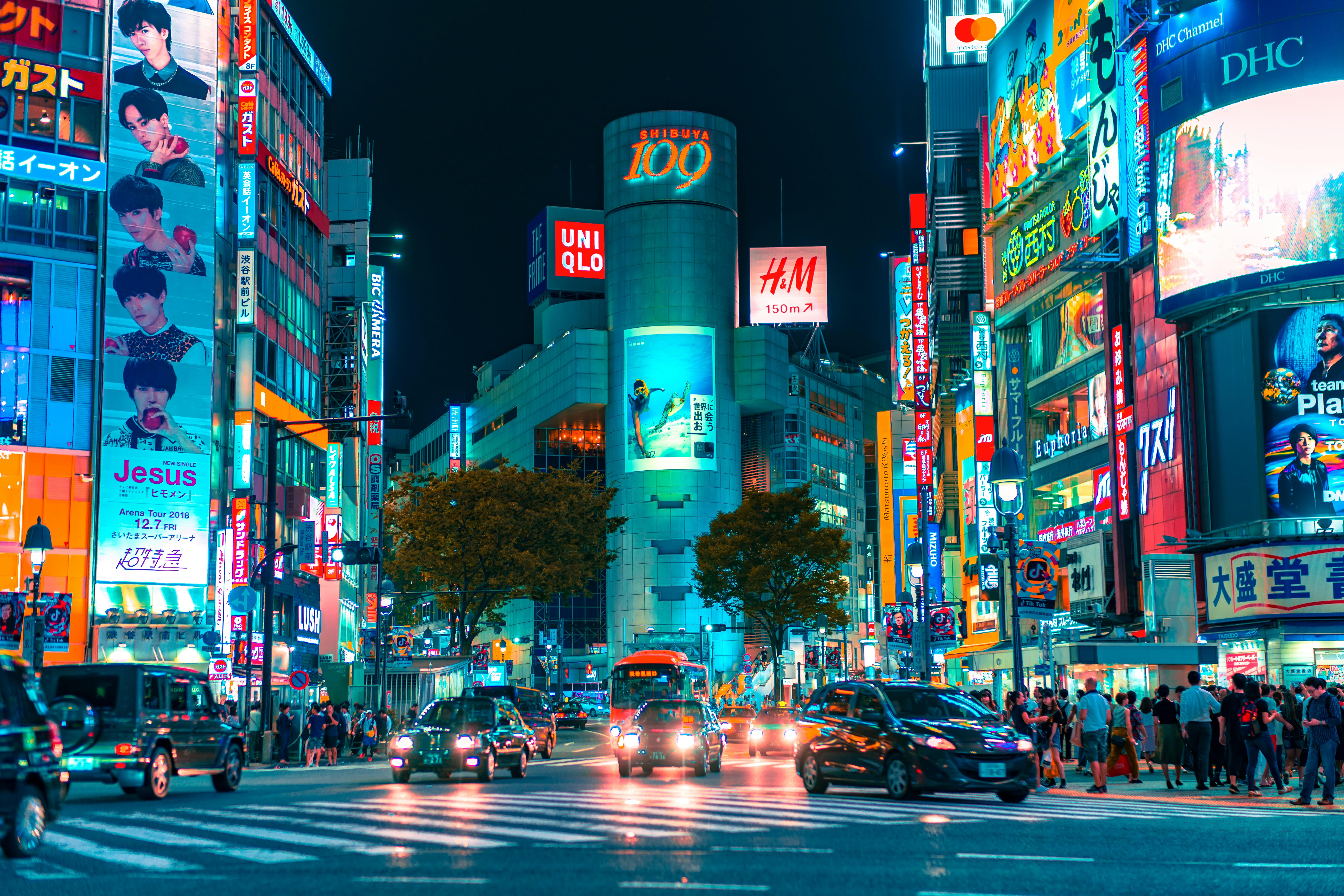Shibuya Crossing, the vibrant heart of Tokyo’s nightlife.